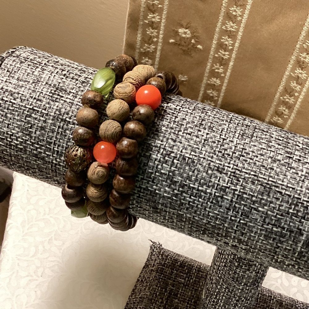 Set of 3 Elasticized Wooden Beaded Bracelet with Orange and Green Accents